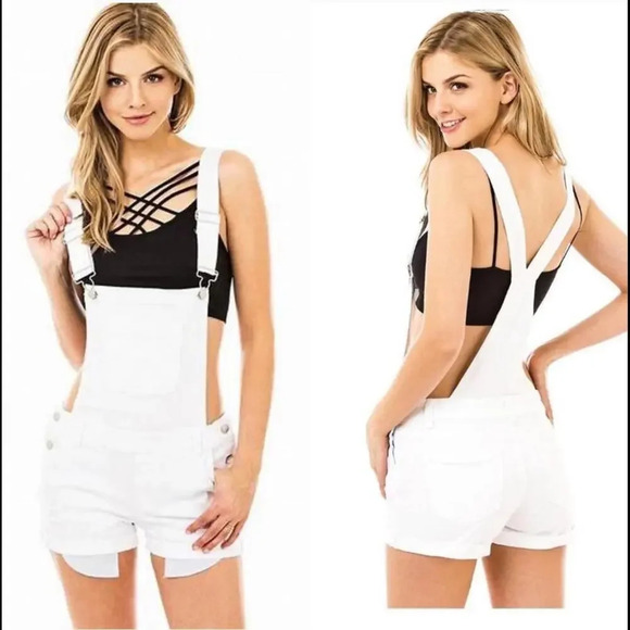 NWT WAX Jeans White Distressed Denim Shortalls Juniors Size Large - Picture 1 of 15